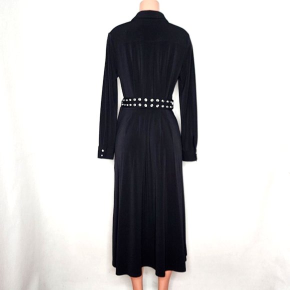 T Tahari Black Midi Shirtdress Jersey Knit Grommet Belt Snaps - Picture 6 of 11